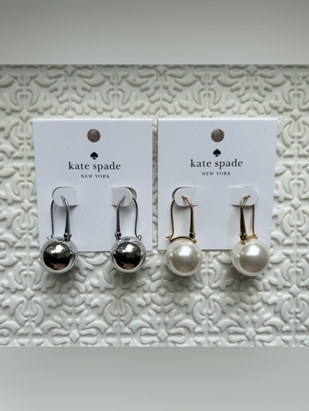 NWT KATE SPADE HUGGIES Dot Drop Earring Duo, Silver Ball & Cream Pearl with Gold